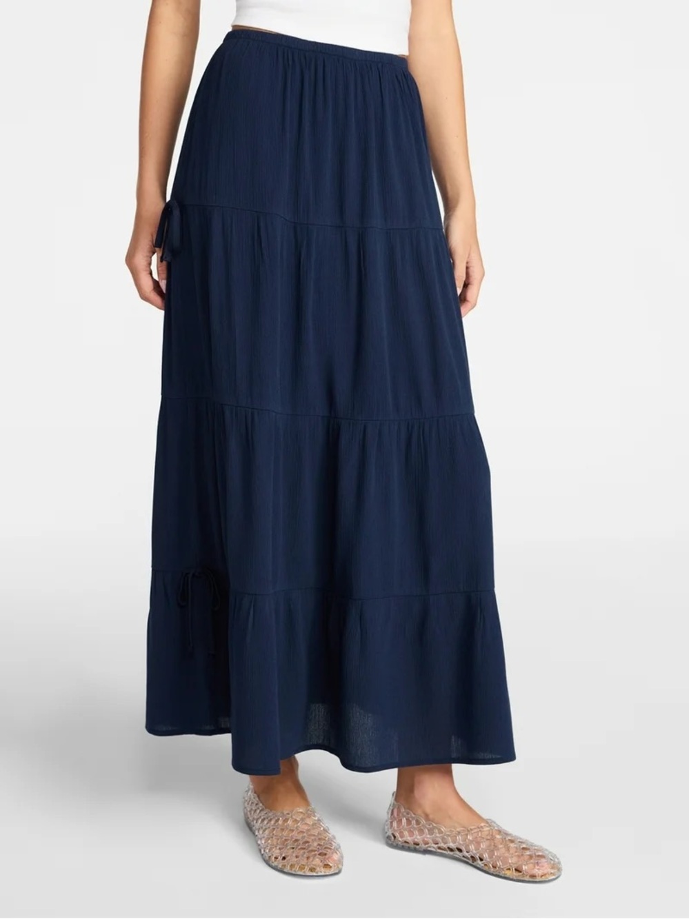 Navy Tiered Maxi Skirt with Side Bow Ties